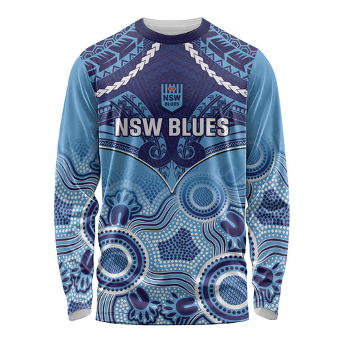 Custom NSW Blues Rugby Long Sleeve Shirt Aboriginal Mix Polynesian Pattern