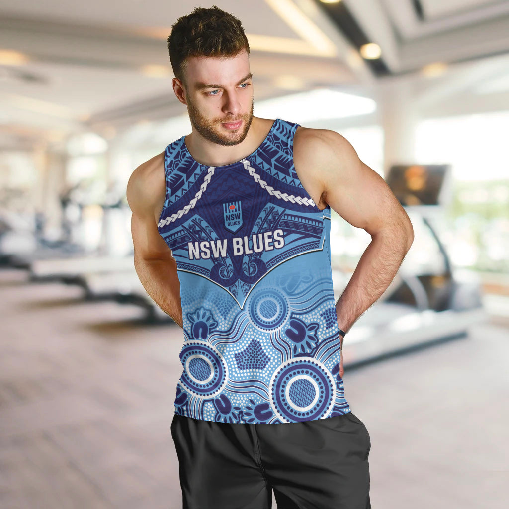 Custom NSW Blues Rugby Men Tank Top Aboriginal Mix Polynesian Pattern
