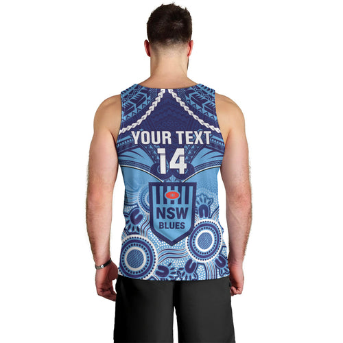 Custom NSW Blues Rugby Men Tank Top Aboriginal Mix Polynesian Pattern