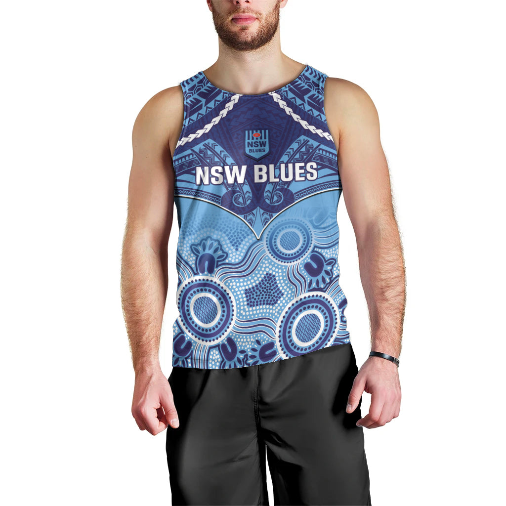 Custom NSW Blues Rugby Men Tank Top Aboriginal Mix Polynesian Pattern