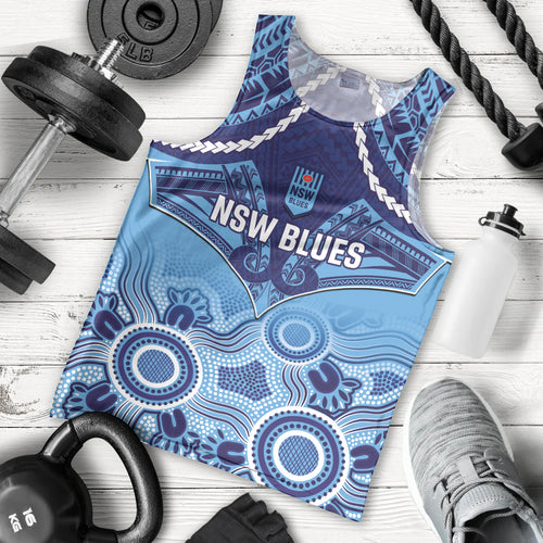 Custom NSW Blues Rugby Men Tank Top Aboriginal Mix Polynesian Pattern