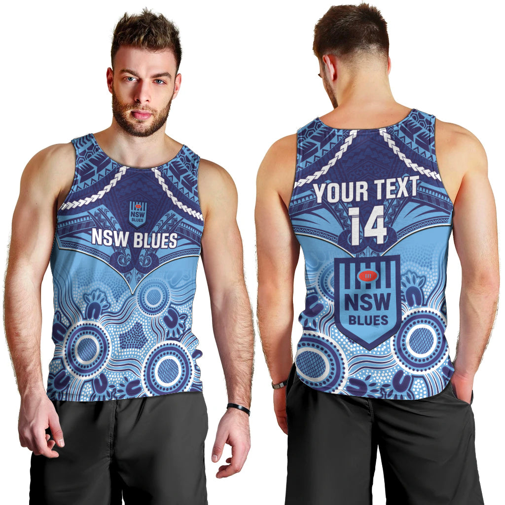 Custom NSW Blues Rugby Men Tank Top Aboriginal Mix Polynesian Pattern
