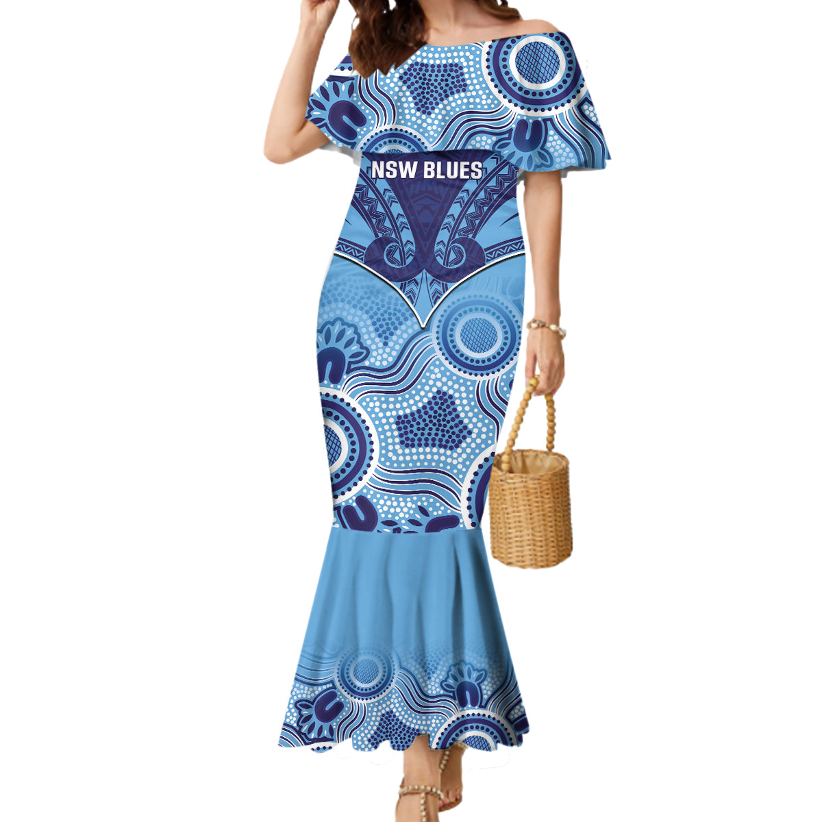 Custom NSW Blues Rugby Mermaid Dress Aboriginal Mix Polynesian Pattern