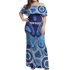 Custom NSW Blues Rugby Off Shoulder Maxi Dress Aboriginal Mix Polynesian Pattern
