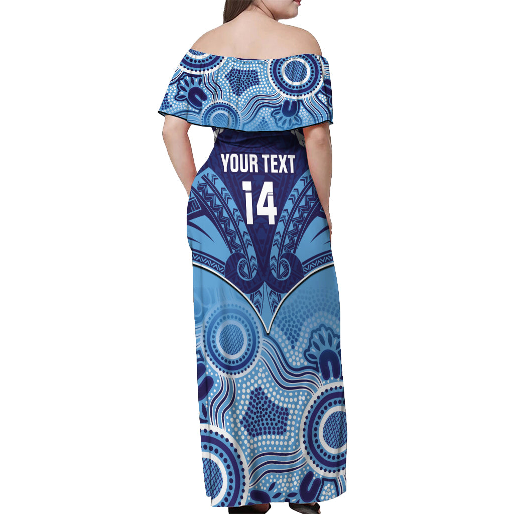 Custom NSW Blues Rugby Off Shoulder Maxi Dress Aboriginal Mix Polynesian Pattern