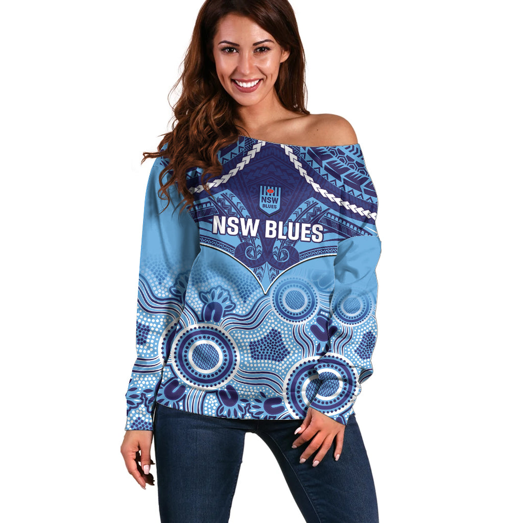 Custom NSW Blues Rugby Off Shoulder Sweater Aboriginal Mix Polynesian Pattern