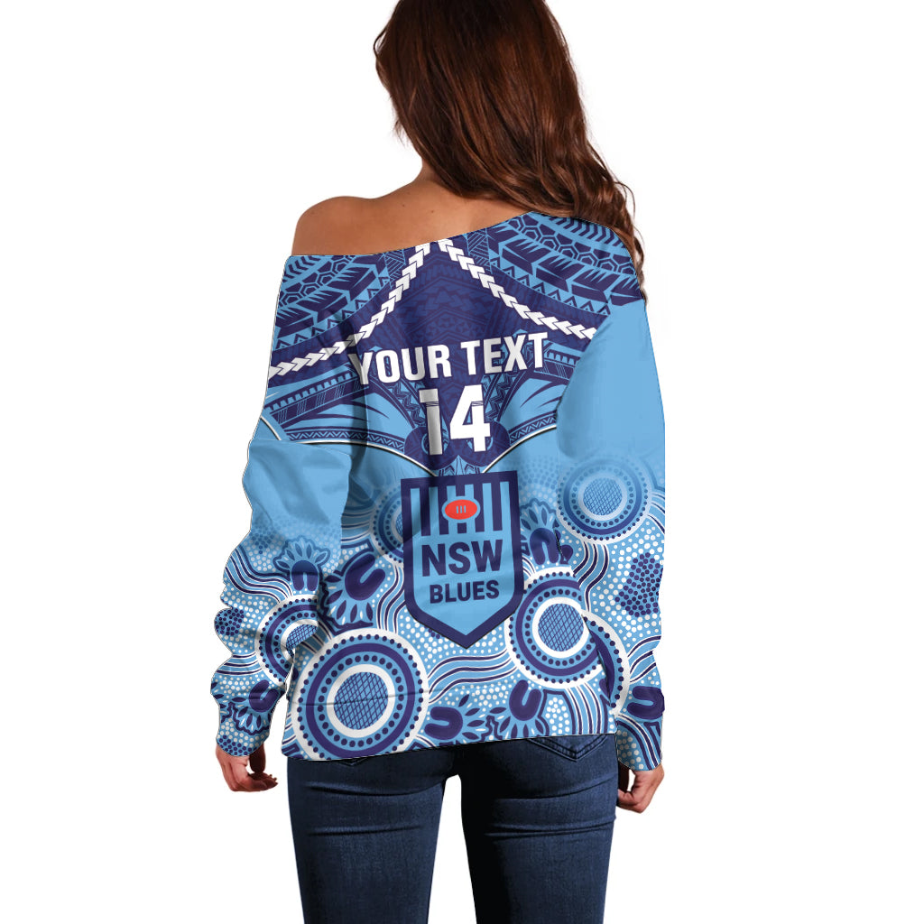 Custom NSW Blues Rugby Off Shoulder Sweater Aboriginal Mix Polynesian Pattern
