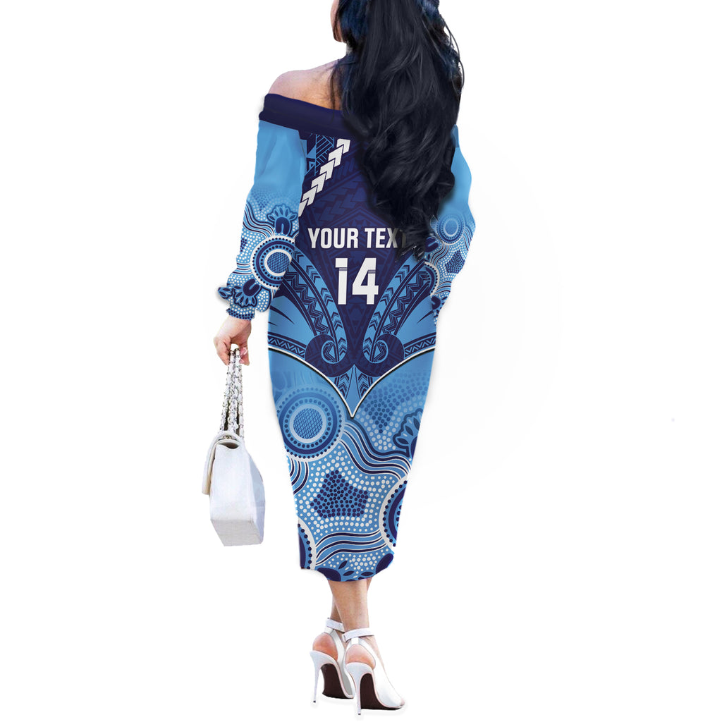 Custom NSW Blues Rugby Off The Shoulder Long Sleeve Dress Aboriginal Mix Polynesian Pattern