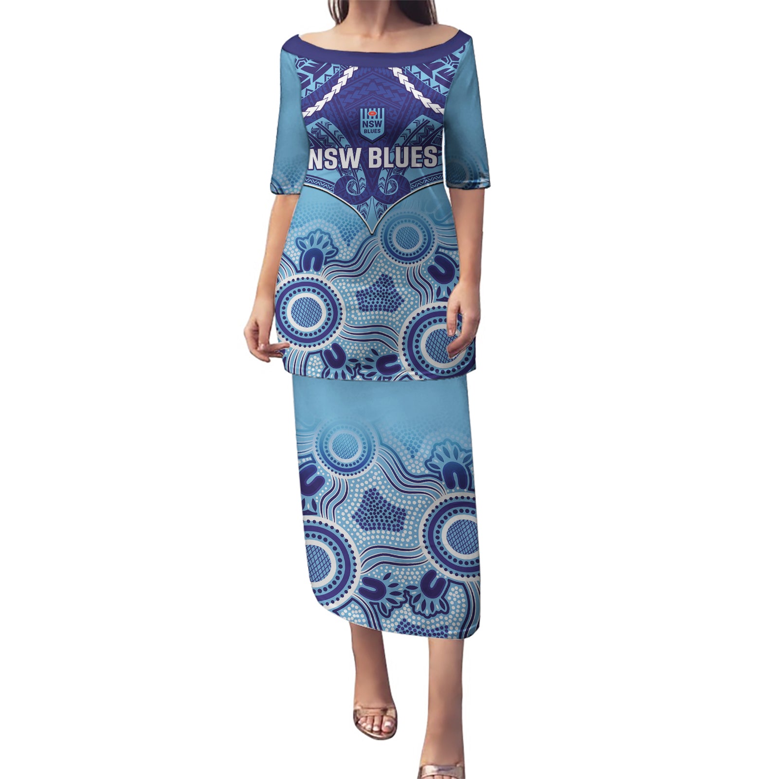 Custom NSW Blues Rugby Puletasi Aboriginal Mix Polynesian Pattern