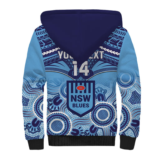 Custom NSW Blues Rugby Sherpa Hoodie Aboriginal Mix Polynesian Pattern