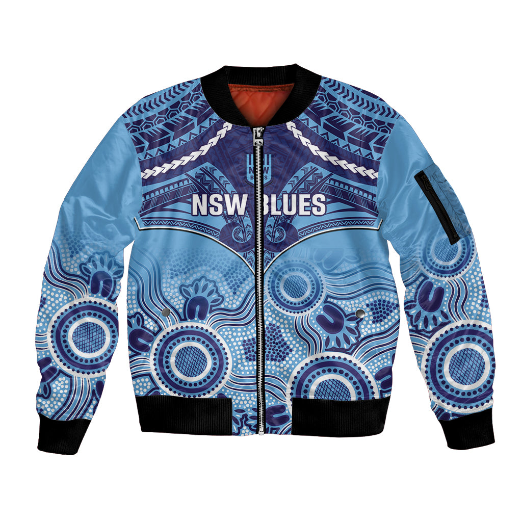 Custom NSW Blues Rugby Sleeve Zip Bomber Jacket Aboriginal Mix Polynesian Pattern