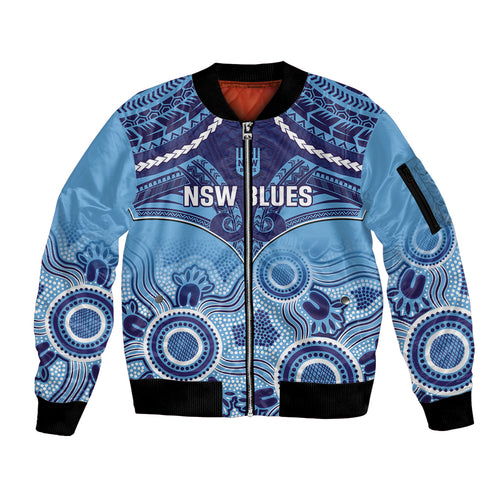 Custom NSW Blues Rugby Sleeve Zip Bomber Jacket Aboriginal Mix Polynesian Pattern
