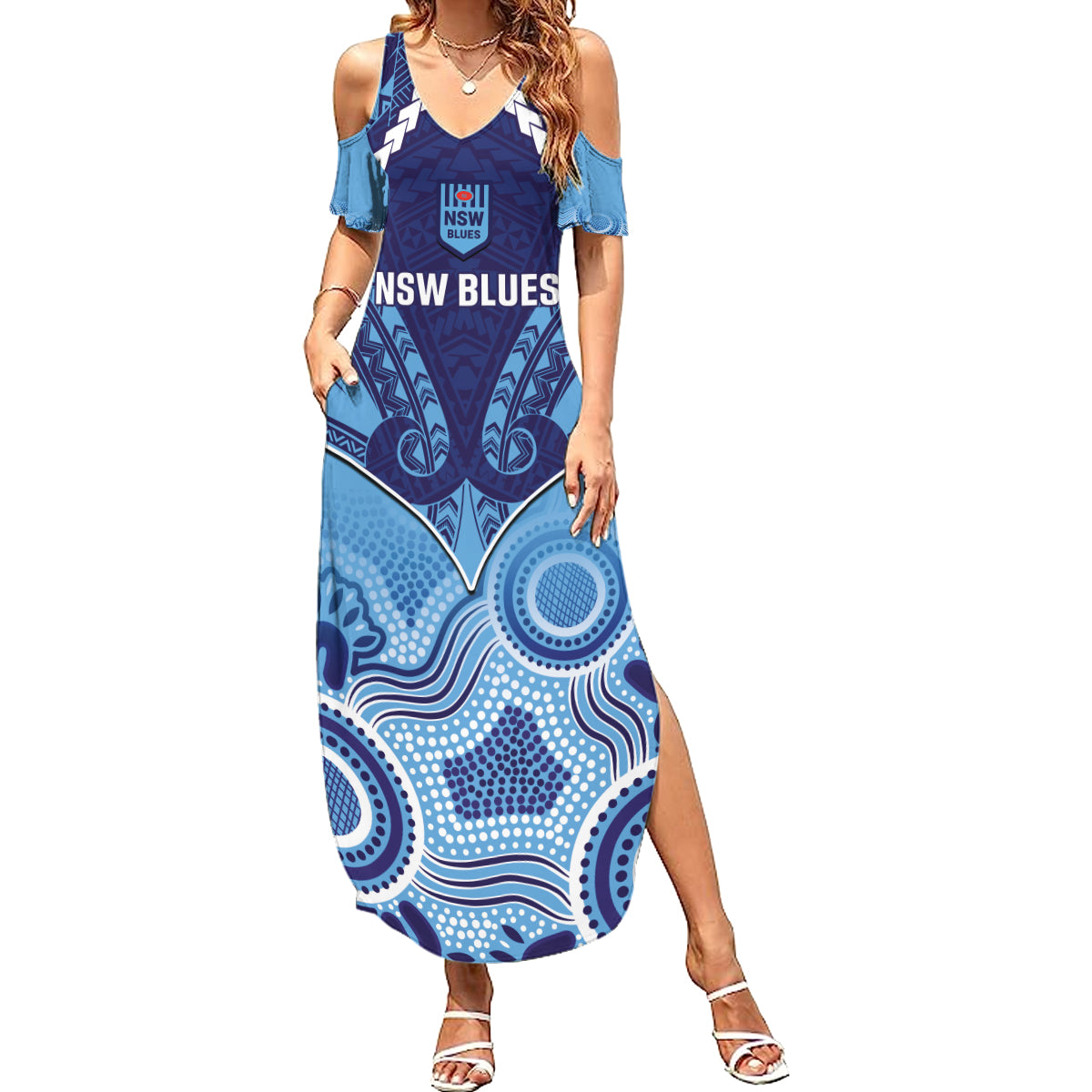 Custom NSW Blues Rugby Summer Maxi Dress Aboriginal Mix Polynesian Pattern