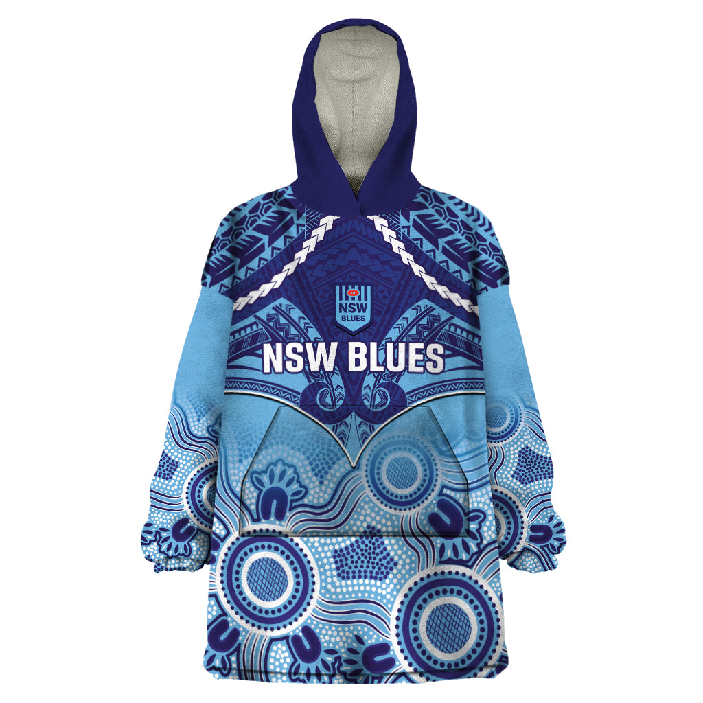 Custom NSW Blues Rugby Wearable Blanket Hoodie Aboriginal Mix Polynesian Pattern