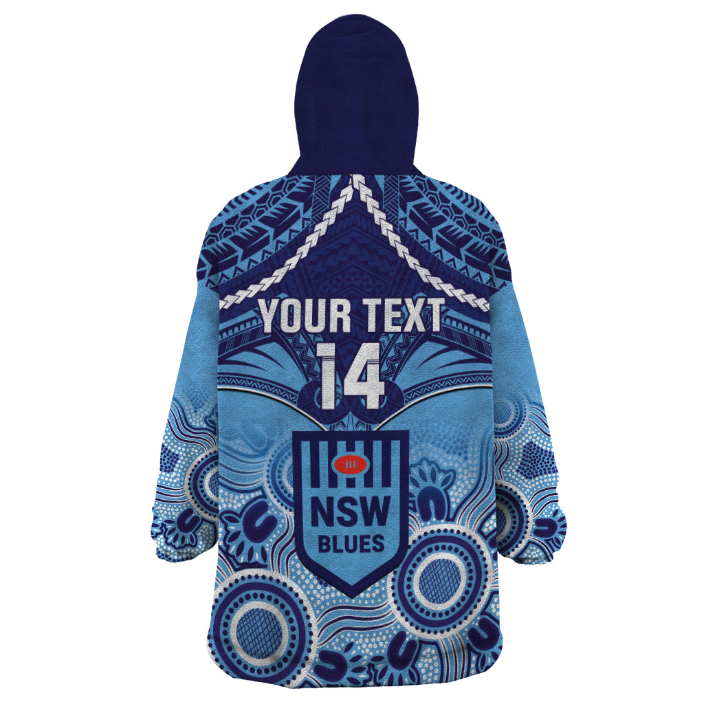 Custom NSW Blues Rugby Wearable Blanket Hoodie Aboriginal Mix Polynesian Pattern