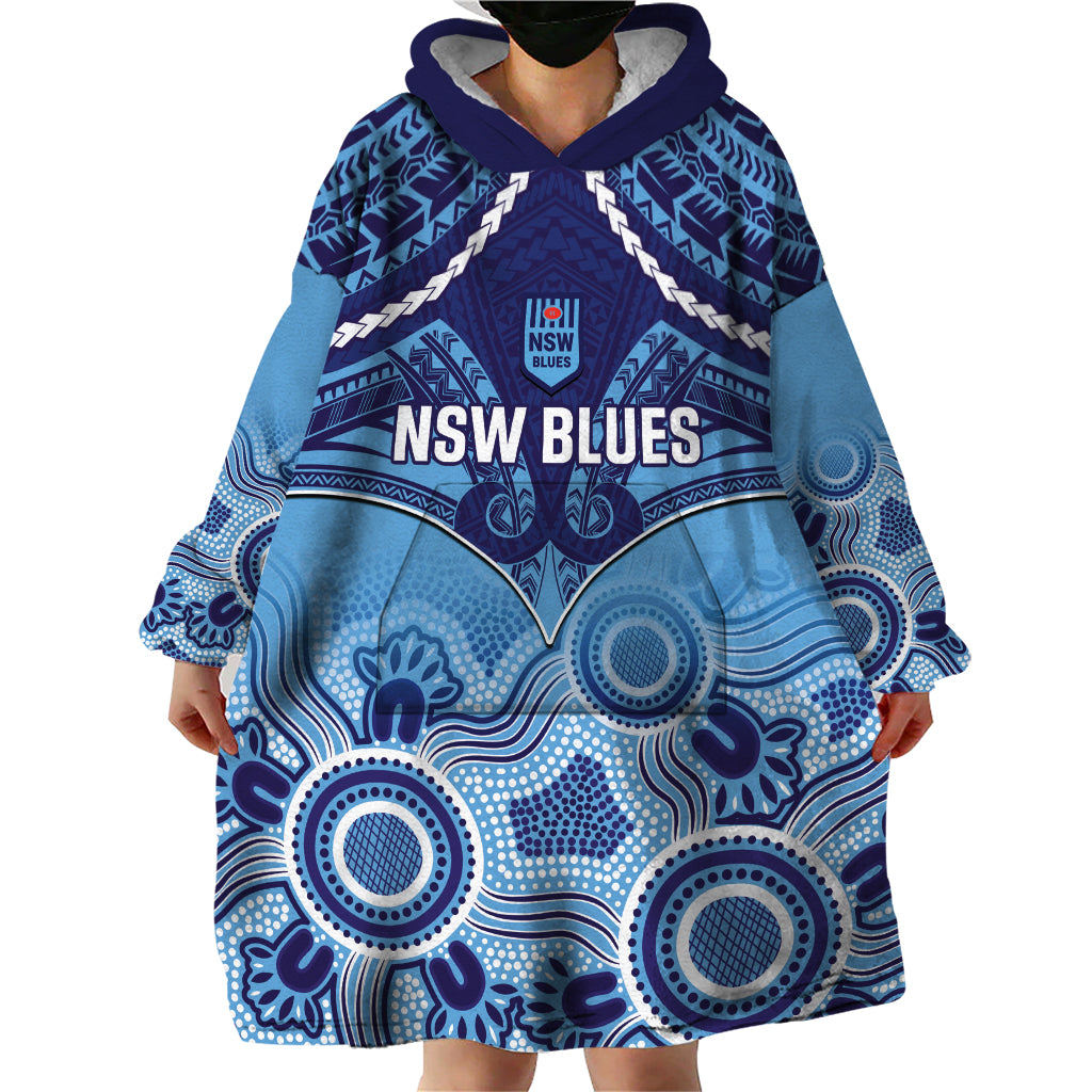 Custom NSW Blues Rugby Wearable Blanket Hoodie Aboriginal Mix Polynesian Pattern
