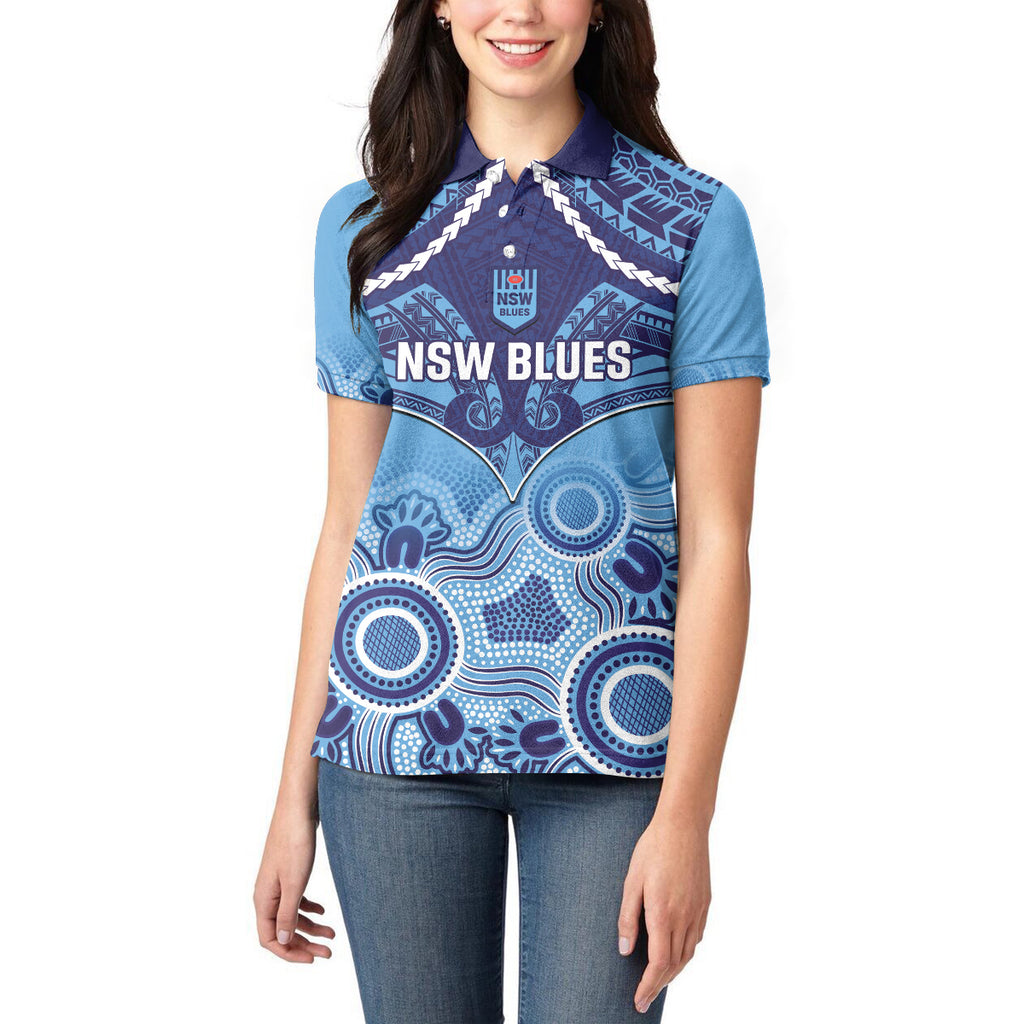Custom NSW Blues Rugby Women Polo Shirt Aboriginal Mix Polynesian Pattern