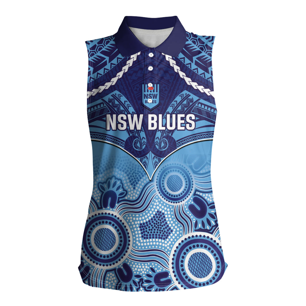Custom NSW Blues Rugby Women Sleeveless Polo Shirt Aboriginal Mix Polynesian Pattern