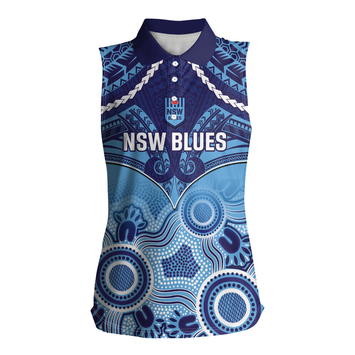 Custom NSW Blues Rugby Women Sleeveless Polo Shirt Aboriginal Mix Polynesian Pattern
