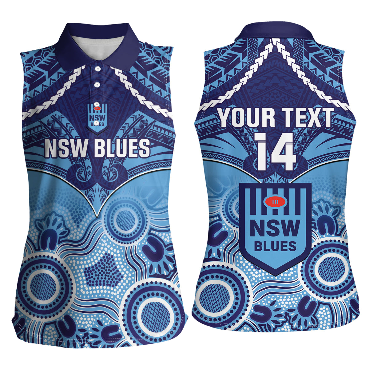 Custom NSW Blues Rugby Women Sleeveless Polo Shirt Aboriginal Mix Polynesian Pattern