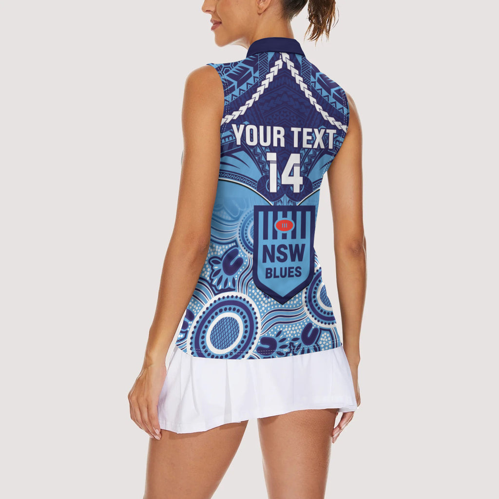 Custom NSW Blues Rugby Women Sleeveless Polo Shirt Aboriginal Mix Polynesian Pattern