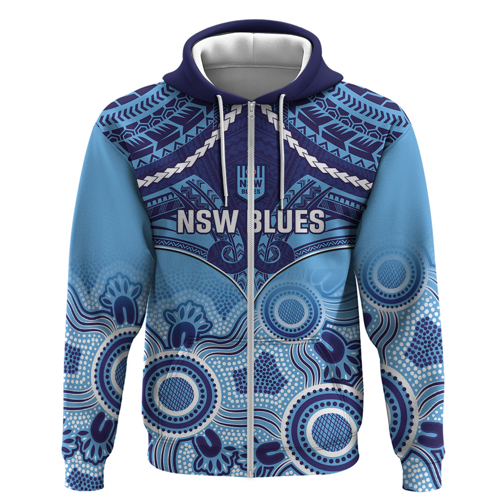 Custom NSW Blues Rugby Zip Hoodie Aboriginal Mix Polynesian Pattern