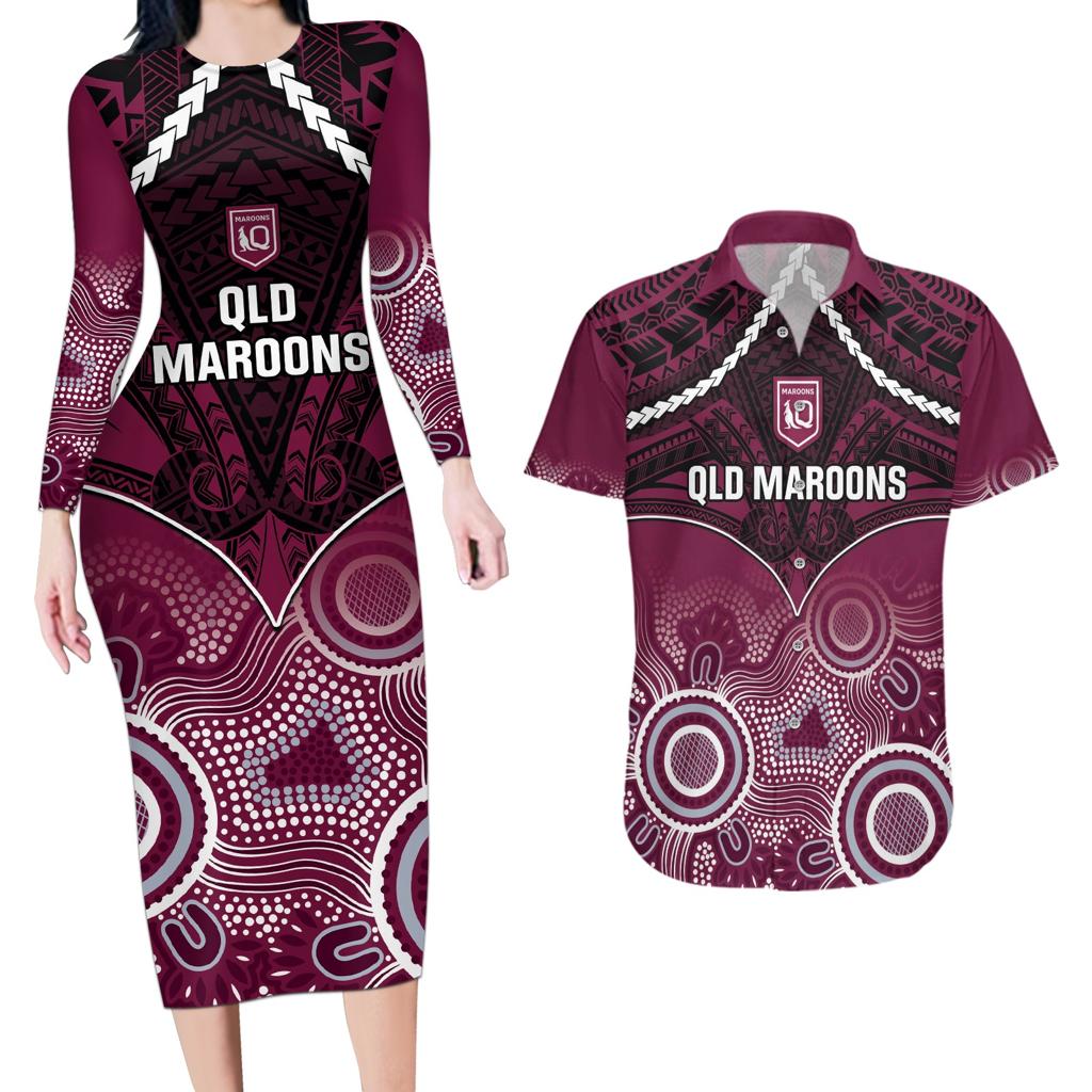Custom QLD Maroons Rugby Couples Matching Long Sleeve Bodycon Dress and Hawaiian Shirt Aboriginal Mix Polynesian Pattern