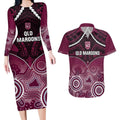 Custom QLD Maroons Rugby Couples Matching Long Sleeve Bodycon Dress and Hawaiian Shirt Aboriginal Mix Polynesian Pattern