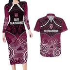 Custom QLD Maroons Rugby Couples Matching Long Sleeve Bodycon Dress and Hawaiian Shirt Aboriginal Mix Polynesian Pattern