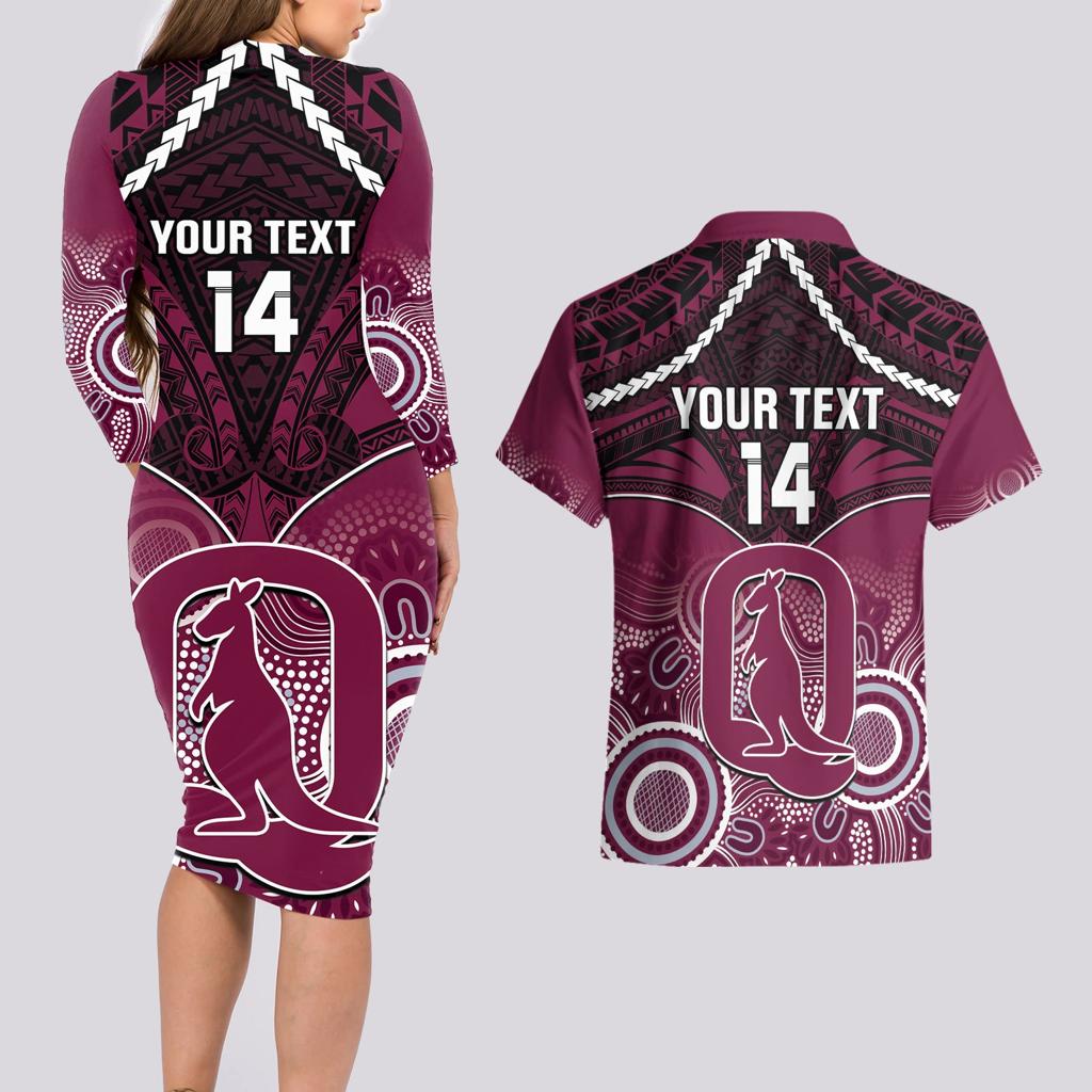 Custom QLD Maroons Rugby Couples Matching Long Sleeve Bodycon Dress and Hawaiian Shirt Aboriginal Mix Polynesian Pattern