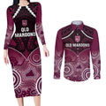 Custom QLD Maroons Rugby Couples Matching Long Sleeve Bodycon Dress and Long Sleeve Button Shirt Aboriginal Mix Polynesian Pattern