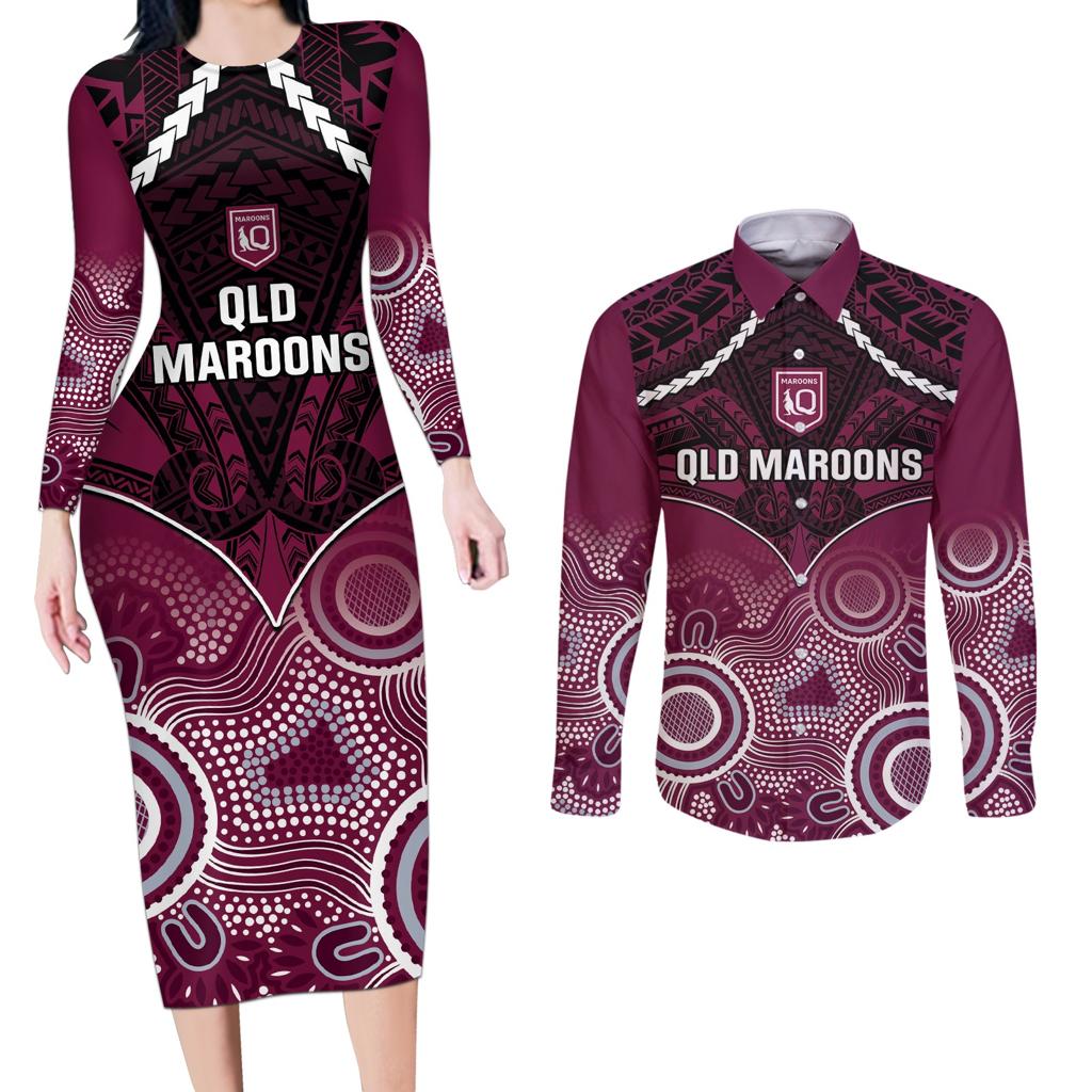 Custom QLD Maroons Rugby Couples Matching Long Sleeve Bodycon Dress and Long Sleeve Button Shirt Aboriginal Mix Polynesian Pattern