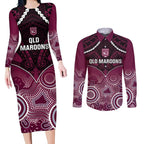 Custom QLD Maroons Rugby Couples Matching Long Sleeve Bodycon Dress and Long Sleeve Button Shirt Aboriginal Mix Polynesian Pattern