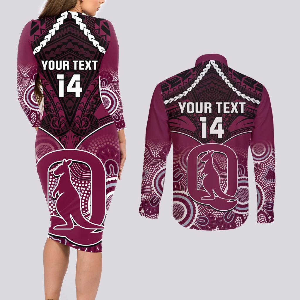 Custom QLD Maroons Rugby Couples Matching Long Sleeve Bodycon Dress and Long Sleeve Button Shirt Aboriginal Mix Polynesian Pattern