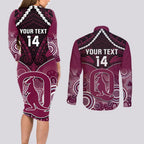 Custom QLD Maroons Rugby Couples Matching Long Sleeve Bodycon Dress and Long Sleeve Button Shirt Aboriginal Mix Polynesian Pattern