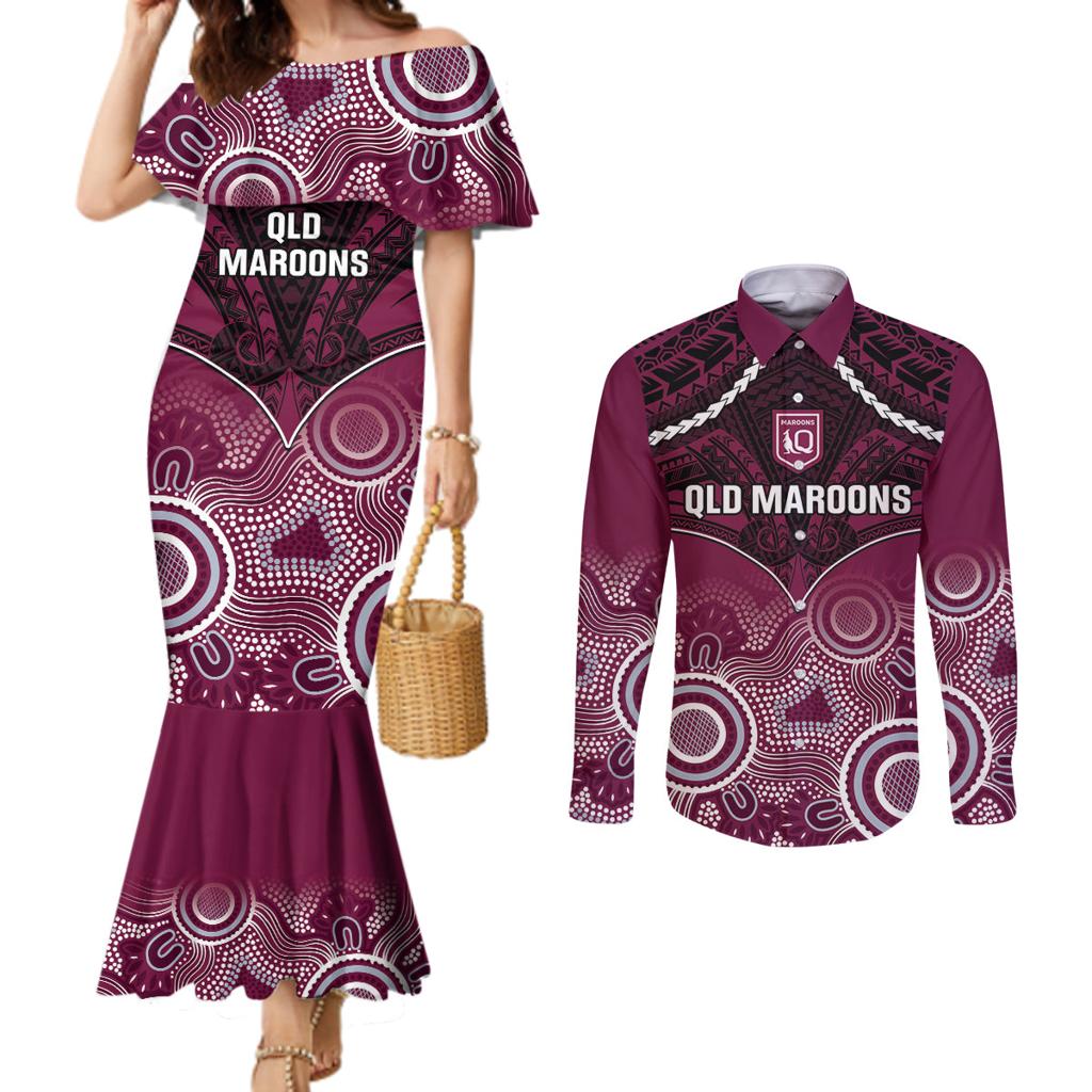 Custom QLD Maroons Rugby Couples Matching Mermaid Dress and Long Sleeve Button Shirt Aboriginal Mix Polynesian Pattern