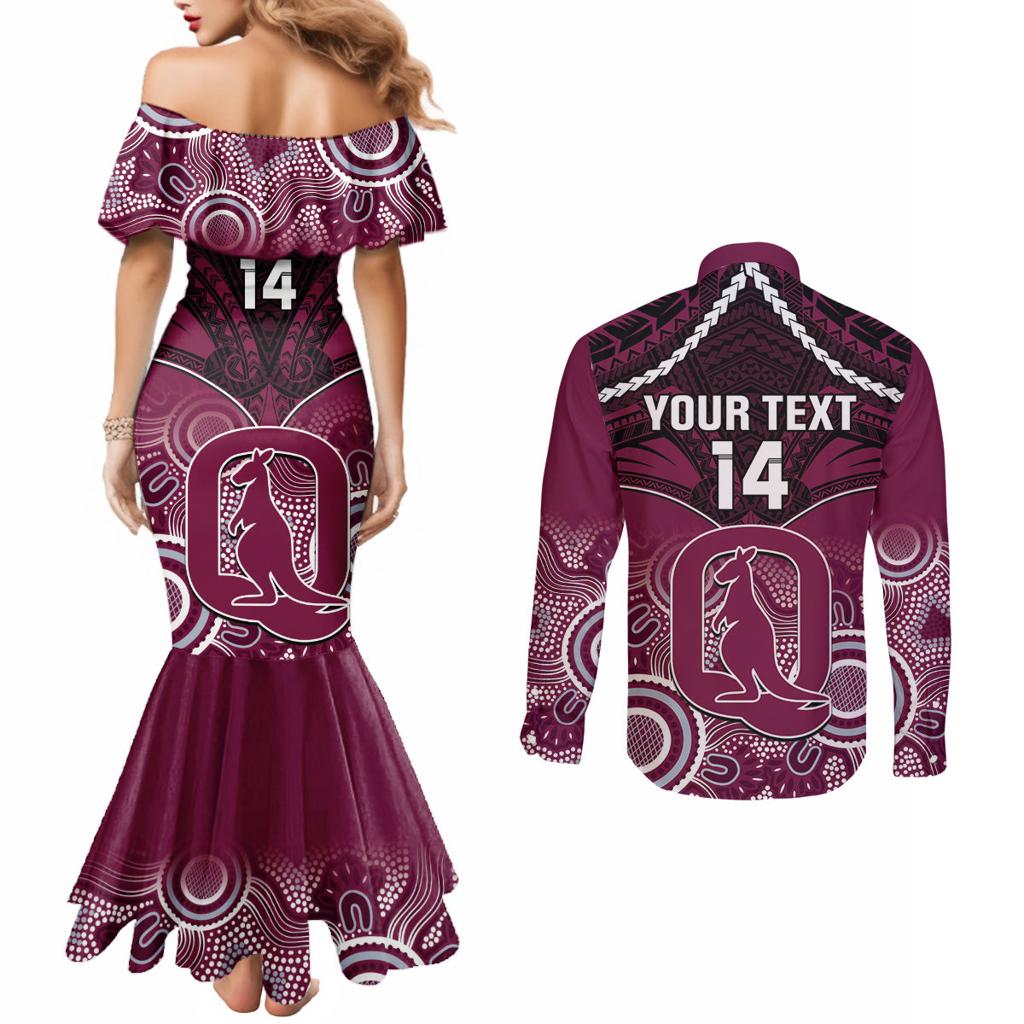 Custom QLD Maroons Rugby Couples Matching Mermaid Dress and Long Sleeve Button Shirt Aboriginal Mix Polynesian Pattern