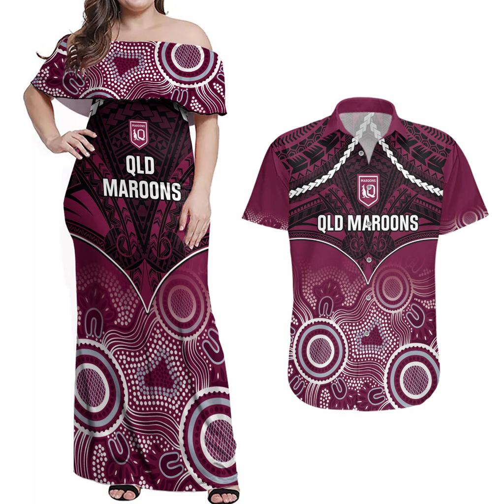 Custom QLD Maroons Rugby Couples Matching Off Shoulder Maxi Dress and Hawaiian Shirt Aboriginal Mix Polynesian Pattern