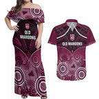 Custom QLD Maroons Rugby Couples Matching Off Shoulder Maxi Dress and Hawaiian Shirt Aboriginal Mix Polynesian Pattern
