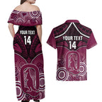 Custom QLD Maroons Rugby Couples Matching Off Shoulder Maxi Dress and Hawaiian Shirt Aboriginal Mix Polynesian Pattern