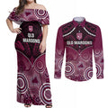 Custom QLD Maroons Rugby Couples Matching Off Shoulder Maxi Dress and Long Sleeve Button Shirt Aboriginal Mix Polynesian Pattern