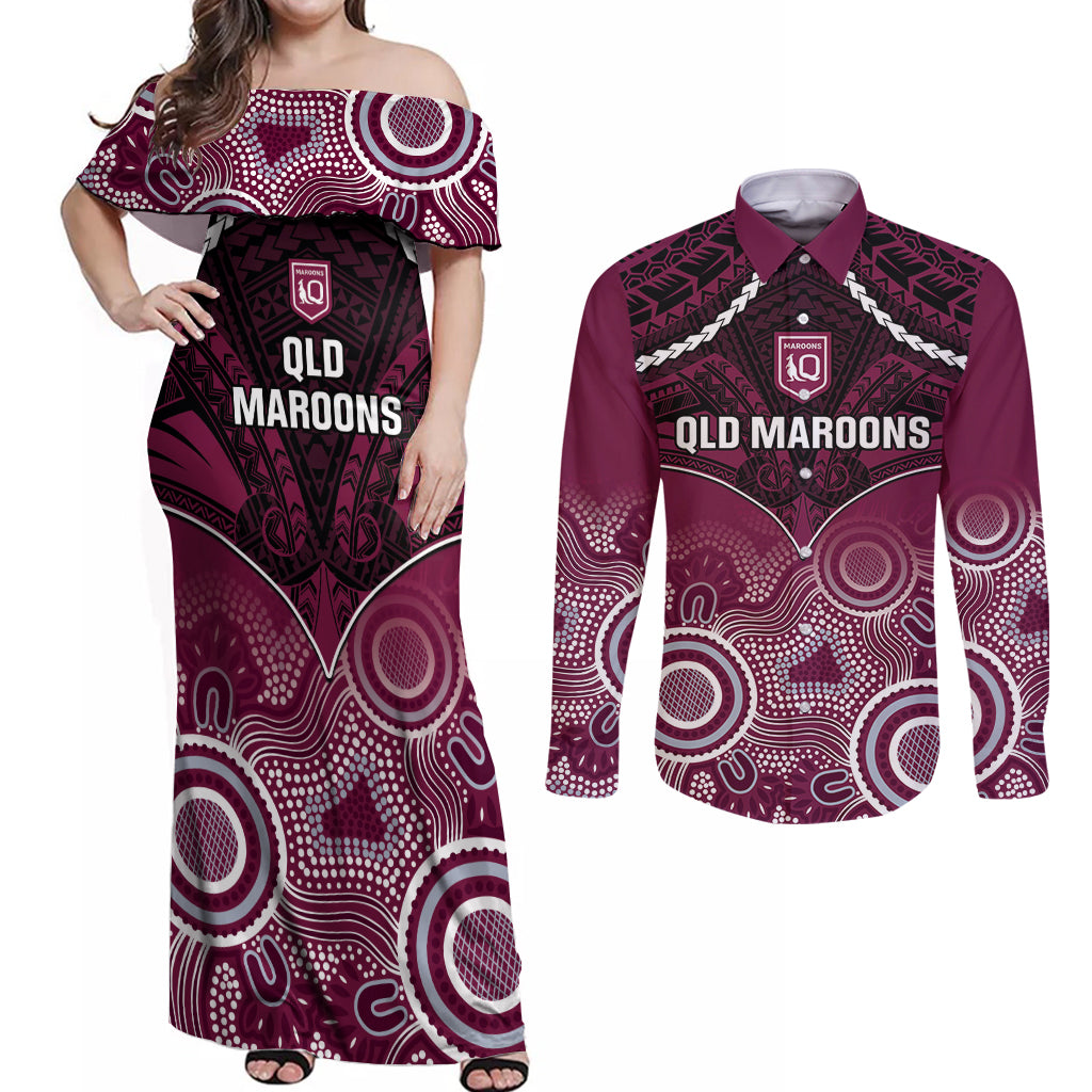 Custom QLD Maroons Rugby Couples Matching Off Shoulder Maxi Dress and Long Sleeve Button Shirt Aboriginal Mix Polynesian Pattern