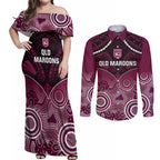 Custom QLD Maroons Rugby Couples Matching Off Shoulder Maxi Dress and Long Sleeve Button Shirt Aboriginal Mix Polynesian Pattern