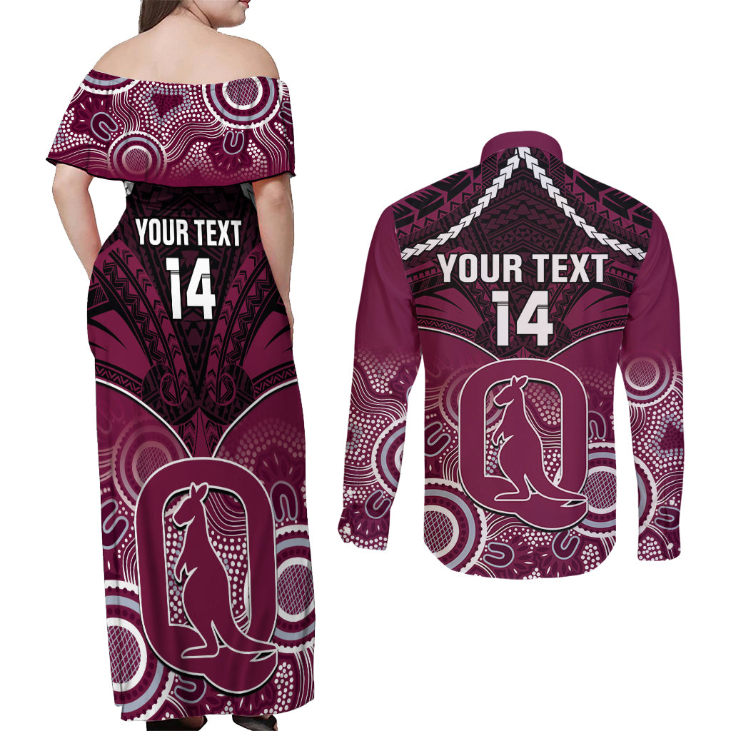 Custom QLD Maroons Rugby Couples Matching Off Shoulder Maxi Dress and Long Sleeve Button Shirt Aboriginal Mix Polynesian Pattern