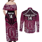 Custom QLD Maroons Rugby Couples Matching Off Shoulder Maxi Dress and Long Sleeve Button Shirt Aboriginal Mix Polynesian Pattern