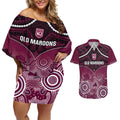 Custom QLD Maroons Rugby Couples Matching Off Shoulder Short Dress and Hawaiian Shirt Aboriginal Mix Polynesian Pattern