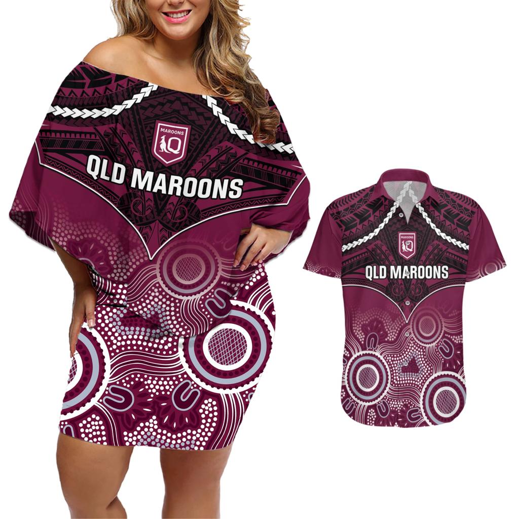 Custom QLD Maroons Rugby Couples Matching Off Shoulder Short Dress and Hawaiian Shirt Aboriginal Mix Polynesian Pattern