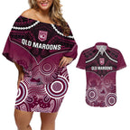 Custom QLD Maroons Rugby Couples Matching Off Shoulder Short Dress and Hawaiian Shirt Aboriginal Mix Polynesian Pattern