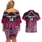 Custom QLD Maroons Rugby Couples Matching Off Shoulder Short Dress and Hawaiian Shirt Aboriginal Mix Polynesian Pattern