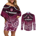 Custom QLD Maroons Rugby Couples Matching Off Shoulder Short Dress and Long Sleeve Button Shirt Aboriginal Mix Polynesian Pattern